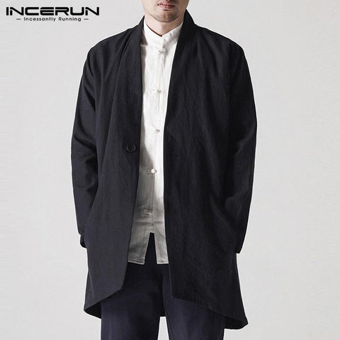 Autumn Chinese Style Men's Jackets Coat Cardigan Coat Long Jackets Vintage Windbreaker Hombre Black Trench Outwears Men Clothes