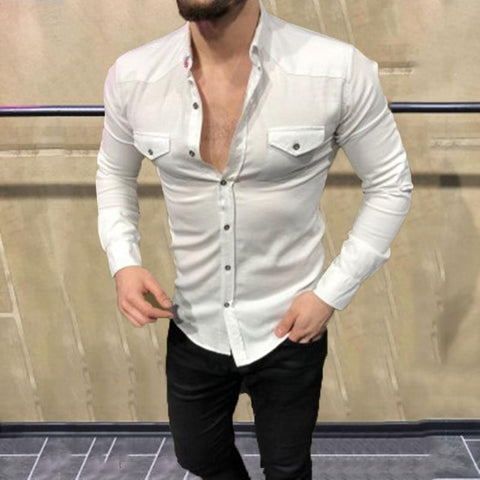 Men Social Shirts Long Sleeve Dress Formal Business Shirt Turn Down Collar Chest Pockets Slim Fit Male Tops Button Camisa Autumn