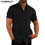 Plain Tee Men Dress Casual Shirts Short Sleeve Tops Male Shirts Button Down Lapel Collar Chemise Camisa Hombre Men Clothing