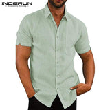 Plain Tee Men Dress Casual Shirts Short Sleeve Tops Male Shirts Button Down Lapel Collar Chemise Camisa Hombre Men Clothing