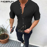 Autumn Plain Mens Dress Shirts Long Sleeve Dress Male Tops Slim Fit Button Shirts V Neck Muscle Tee Men Clothes Camisas 5XL