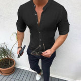 Autumn Plain Mens Dress Shirts Long Sleeve Dress Male Tops Slim Fit Button Shirts V Neck Muscle Tee Men Clothes Camisas 5XL