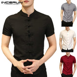 Stylish Plain Mens Shirts Chinese Male Clothing Summer Tee Tops Dress Short Sleeve Slim Fit Button Down Camisa Chemise Masculina