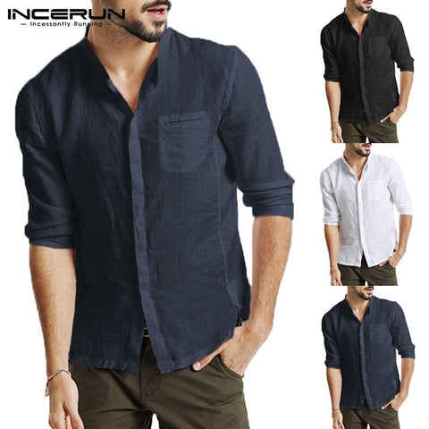 Plus Size 3XL Men Dress Casual Shirt Three Quarter Sleeve Slim Fit Henley Collar Camisa Masculina White Shirt Vacation Clothes