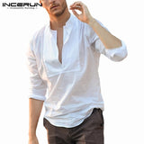 Fashion Autumn Long Sleeve Mens Shirts Dress Cotton White Shirt V Nevk Slim Fit Splicing Fashion Camisa Chemise Male Clothing