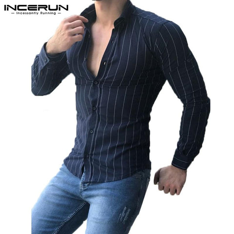 Autumn Mens Clothing 2019 Mens Long Sleeve Shirts Dress Stripe Fashion Slim Fit Male Tee Camisa Hombre V Neck Shirts Classic 3XL