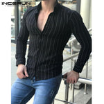 Autumn Mens Clothing 2019 Mens Long Sleeve Shirts Dress Stripe Fashion Slim Fit Male Tee Camisa Hombre V Neck Shirts Classic 3XL