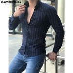 Autumn Mens Clothing 2019 Mens Long Sleeve Shirts Dress Stripe Fashion Slim Fit Male Tee Camisa Hombre V Neck Shirts Classic 3XL